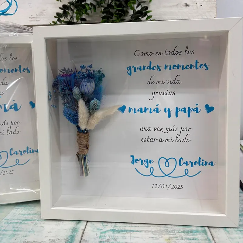 Cuadro de flores eleven en azul con texto personalizado