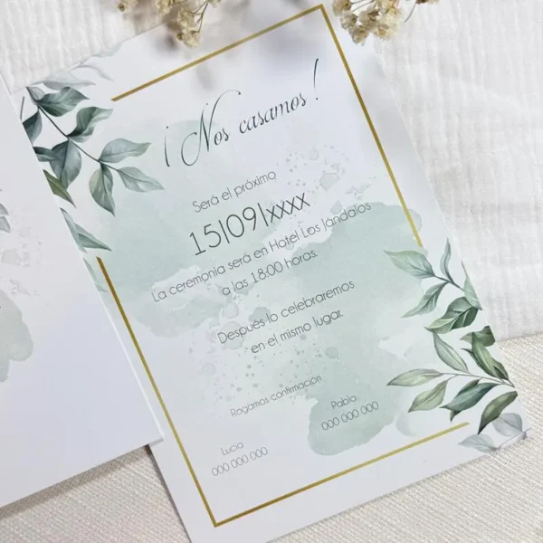 Invitación de boda centro hojas detalles con bordes dorados