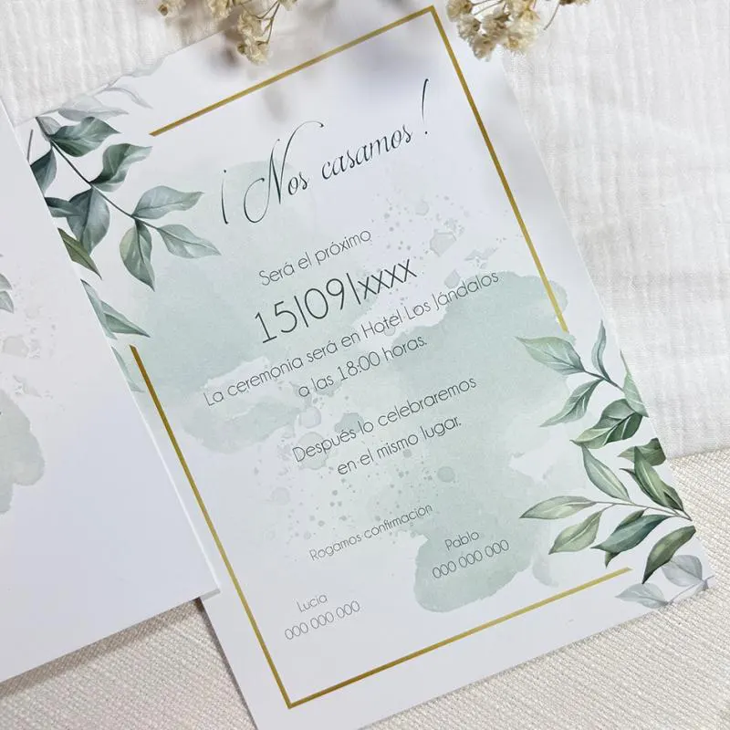 Invitación de boda centro hojas detalles con bordes dorados