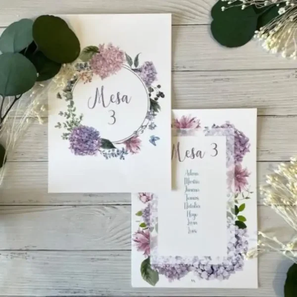 organizador de mesas estilo hortensias lilas