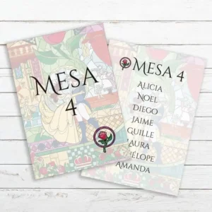 organizador de mesas estilo la bella y la bestia.