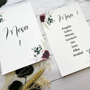 Organizador de mesa elegante floral roja con flores roja y blanca en esquinas y letra elegante