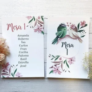 Organizador de mesa pájaros con detalles de plantas rosadas y una pareja de pájaros
